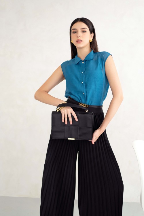 Sixdo Black Pleated Silk Pants